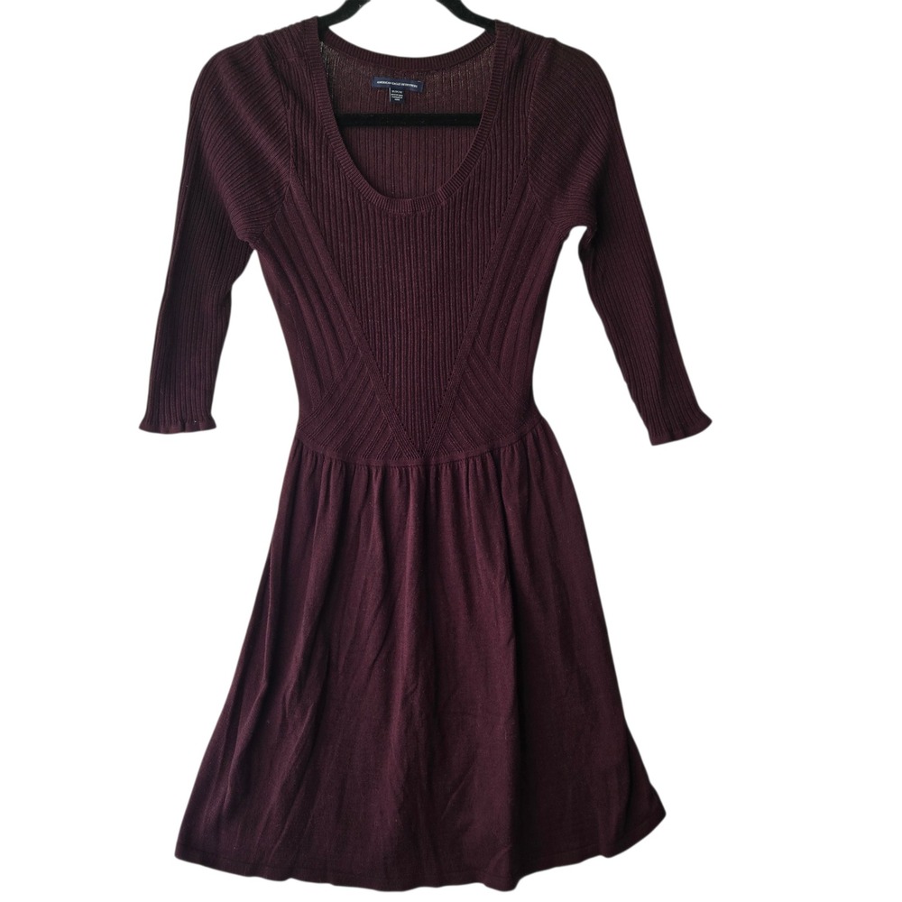 American Eagle Burgundy Ribbed Knit Fit & Flare Dress Whimsigoth‎ Skater Sz Med